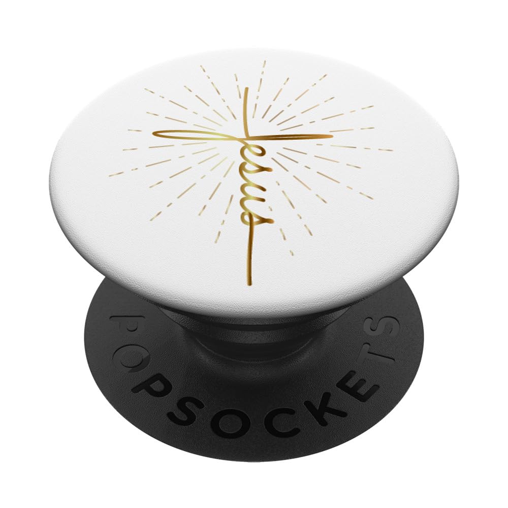 Yellow Beige Jesus Word Cross A Sunburst On White Background PopSockets Adhesive PopGrip