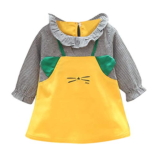 Toddler Kids Baby Girl Cute Cat Dress Plaid Patchwork Suspender Dress Outfit Set Lovely Summer Clothes Yellow