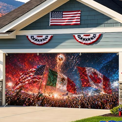 Image of Soccer Fans Garage Door Cover 157x70 Inch Large USA Mexico Canada Flag Fireworks Banner Backdrop for 2026 Sports Party Tailgate Game Day Outdoor Wall Hanging Tapestry Decor