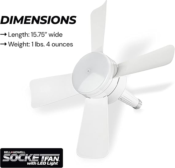 Bell+Howell Socket Breeze Socket Fan Light with Remote, Portable Small Ceiling Fans with Lights for Bedroom, Kitchen, Living Room, Ceiling Fan with Light 3500K, 1000 Lumens, Screws into E26/E27