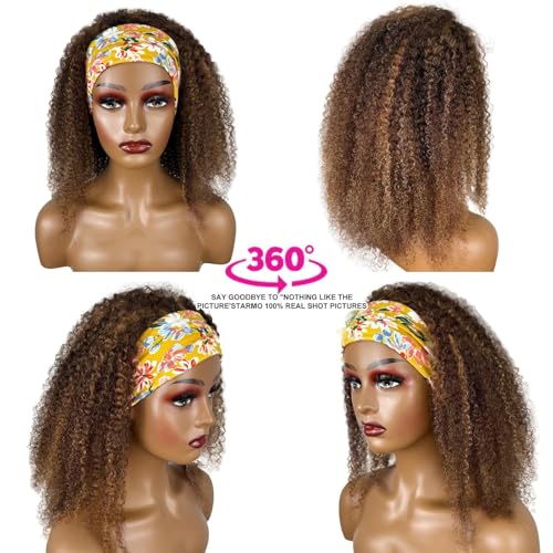 Image of Headband Wig Human Hair 22 Inch Highlight Kinky Curly Human Hair Headband Wigs 150% Density Glueless None Lace Front Wig Ombre Curly Headband Wig Human Hair Brazilian Virgin Wigs for Black Women