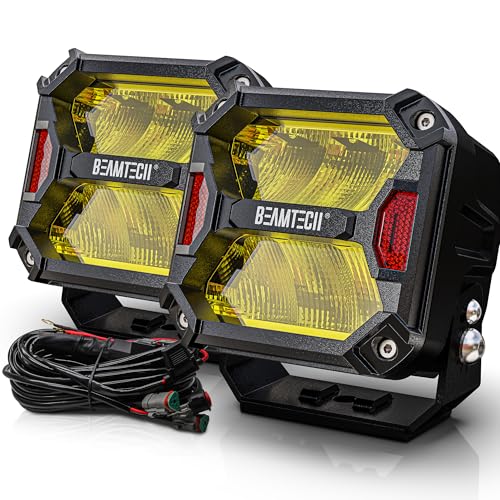 BEAMTECH Yellow LED Pods 4 Inch 120W 14400LM Spot Flood Combo Driving Work Light with Wiring Harness Off Road Lights for ATV UTV SUV Truck Pickup Boat