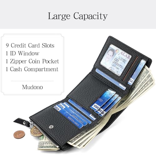 Mudono Women’s Wallet Small Genuine Leather Credit Card Holder RFID Blocking Tri-Fold Wallet With ID Window and Zipper Pocket3