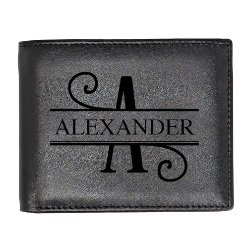 Personalized Wallet for Men | Initial Monogram Custom Engraved Genuine Leather Bifold Wallet Birthday Anniversary Gift for Husband Boyfriend Groomsmen Dad Grandpa (Black)