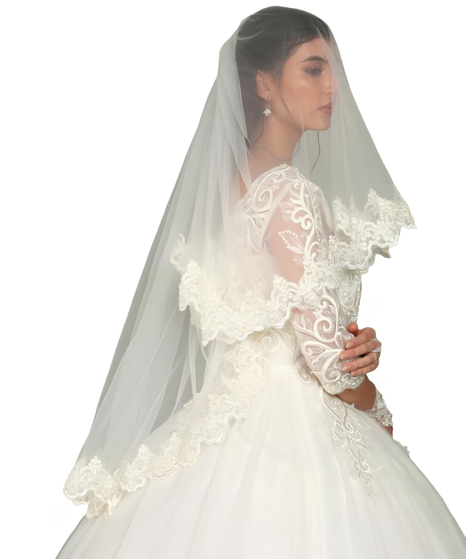 Sequence lace Bridal Veil for Wedding White 2 Tier 1.5m Cathedral Tulle Veil with Comb, Elegant Fingertip Length Wedding Veil for Bridel-image-4