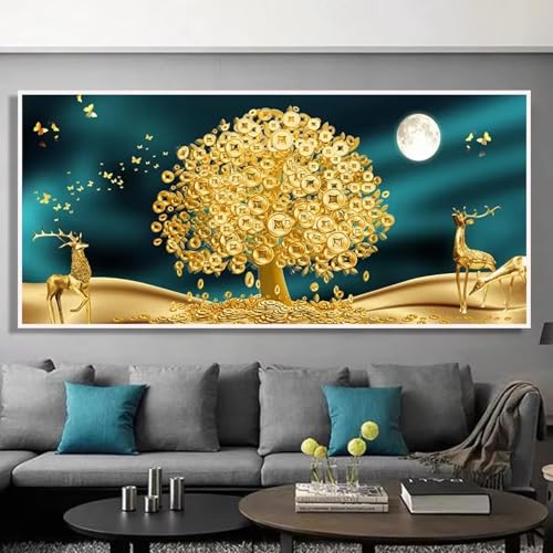 Grande toile arbre porte-bonheur doré 90x180cm de luxe pour salon