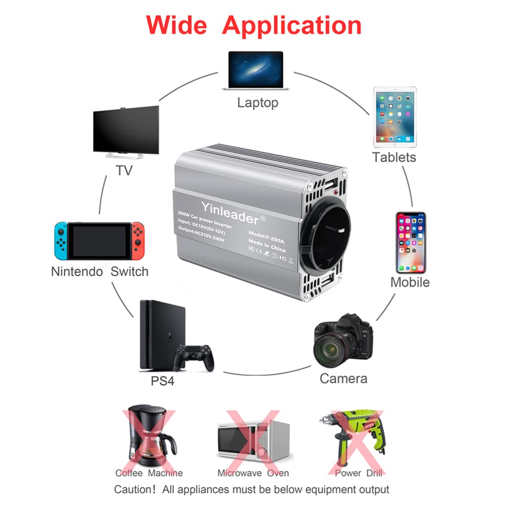 Yinleader Inverter da 200 W, 12 V a 230 V, 1 prese europee, 2 convertitori USB per auto, per caravan e campeggio