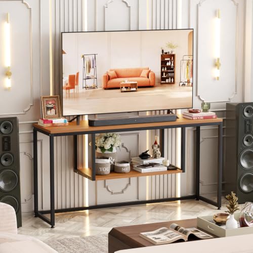 Image of Lukzer TV Unit Stand for TVs up to 43 Inch Engineered Wood with Metal (MTU-002 /Black & Oak Brown) Open Shelf Storage Console for Living Room, Set Top Box, WiFi Router, Speakers (110 x 56 x 30 cm)