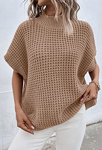 Image of Viottiset Womens Oversized Short Batwing Sleeve Mock Neck Sweater Vest Fall Sleeveless Pullover Knit Sweaters