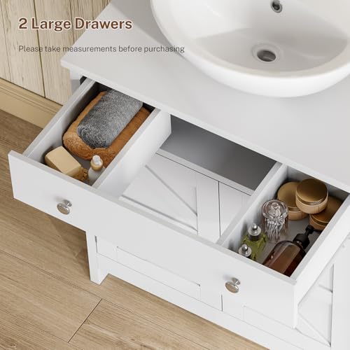 Image of TEENFON Pedestal Sink Storage Cabinet with 2 Barn Doors and Drawer, Bathroom Sink Cabinet with U-Shape Cut-Out, Pedestal Sink Cabinet, White