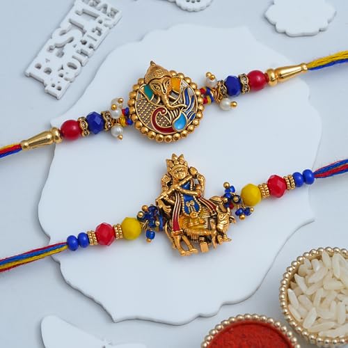Image of eCraftIndia Set of 2 Multicolor Religious Om Symbol and Peacock Designer Rakhis with Roli Chawal Pack and Best Bro Ever Fridge Magnet - Rakhi for Brother