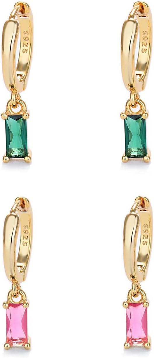 Gold Hoop Earrings With Green Drop, Huggie Hoops For Women & Men - 14K Gold, Hypoallergenic - 2PCS