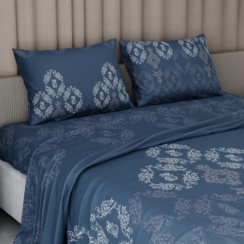 Image of BLISSHOME Everlast 150TC King Size Printed Bedsheet with 2 Pillow Covers for Double Bed, Aesthetic Bedding, Wrinkle Resistant, 100+ Wash Durable, Quick Dry, Ornate Design - Blue (228cm x 274cm)