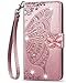 Coque Samsung Galaxy A52 pour filles Glitter Bling Phone Case 3D Gems Papillon Antichoc Cuir Portefeuille Flip Cover Shell pour Samsung Galaxy A52 Rose Gold