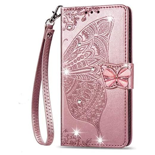 Coque Samsung Galaxy A52 pour filles Glitter Bling Phone Case 3D Gems Papillon Antichoc Cuir Portefeuille Flip Cover Shell pour Samsung Galaxy A52 Rose Gold