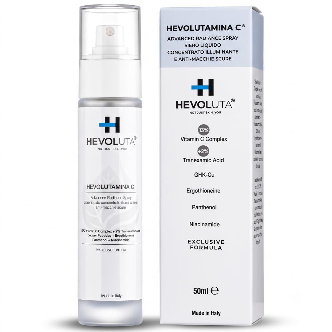 Hevolutamina C Siero Viso Spray, Vitamina C e Peptidi di Rame GHK-Cu, 50ml | Siero Liquido Illuminante e Antiossidante, con Ergotioneina, Niacinamide, Pantenolo, Made in Italy