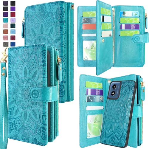 Harryshell Detachable Wallet Leather Case Compatible with Motorola Moto G Play 4G 2024 Magnetic Phone Case Zipper with Cash Coin Pocket Multi Card Slots Holder Wrist Strap Lanyard (Flower Blue Green)