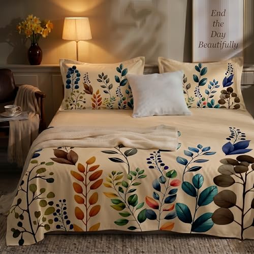 Image of SANMARINO 300TC Cloud Cotton King Size Bedsheet with 2 Pillow Covers | Super Soft & Breathable | Luxury Floral Pixel Bloom Digital Print Bedding Set | 228x254 cm | Autumn Leaves Blue Mustard