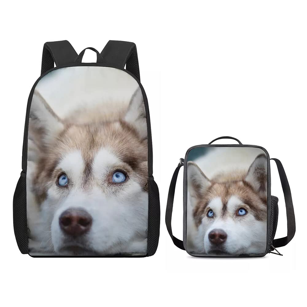 Amzbeauty Cute Husky Backpack Sets Teenager Durable Tear Resistant Bookbag & Girls School Insulated Lunch Bag with Cutlery Belt