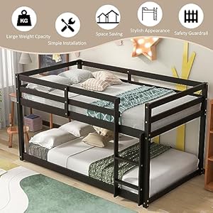 Bunk bed twin over twin floor bunk bed w ladder safety guard rails heavy duty wooden twin bunk beds low bunkbeds no box spring required espresso  urban country home decor