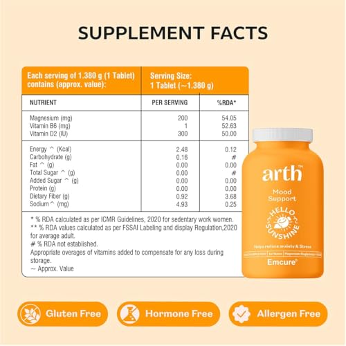 Image of Arth Chelated Magnesium Bisglycinate Supplement | With Vitamin D2 & B6 | High Absorption 1000mg Magnesium Bisglycinate complex for Muscle Recovery, Relaxation & Better Sleep | Stress & Anxiety Support | 90 Veg Tablets | For Men & Women