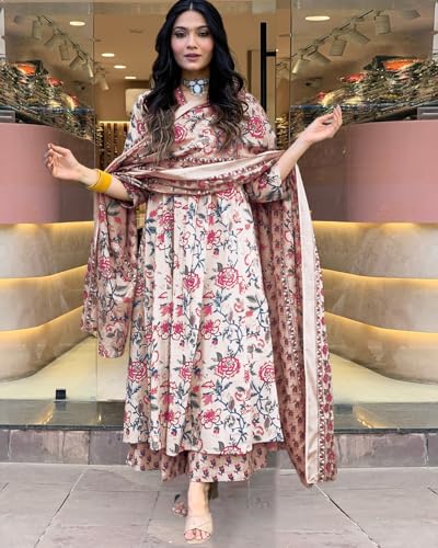 Image of GoSriKi Women's Rayon Viscose Anarkali Printed Kurta with Palazzo & Dupatta