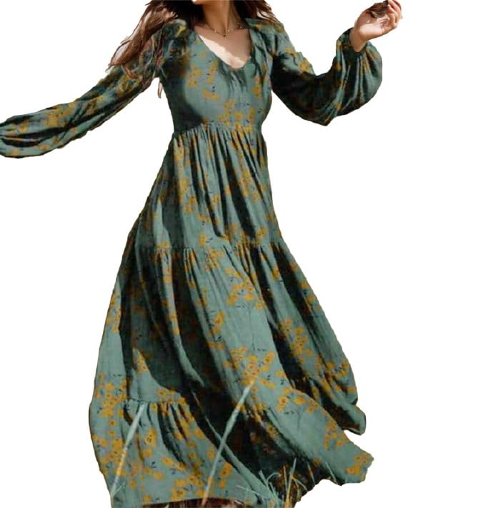 high split floral boho long sleeve maxi dress Boho Maxi Dress - Vintage Flare Long Sleeve