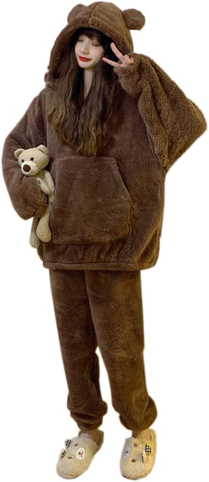 [osseoca] パジャマ レーディス用 ルームウェアセット 秋冬用 ブラウン もこもこ ルームウェア 熊模様 ガールズ 上下セット 可愛い ロンパース オーバーオール 着ぐるみ 部屋着 寒さ対策 ふわふわ 多機能 プレゼント コスチューム