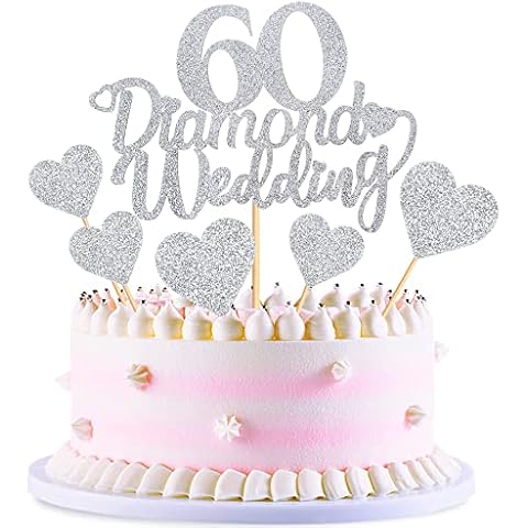 Blumomon 25Pcs 60th Wedding Anniversary Cake Toppers Silver Glitter 60th Diamond Weddding Anniversary Heart Cake Decoration for Celebration 60th Wedding Anniversary Party Supplies Cover