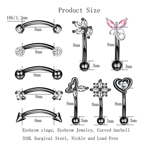 Evispol 10Pcs Eyebrow Piercing Jewelry Eyebrow Rings 16G Curved Barbell Cartilage Earring Lip Belly Rings Daith Rook Earrings Helix Conch Piercing Tragus Earrings For Women Men-Black-8Mm #TOP1
