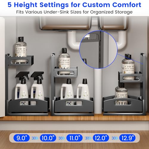 Image of Petiza Under Sink Organizer,2 Pack Height Adjustable Under Sink Organizers and Storage, 2 Tier Under Sink Storage for Kitchen Bathroom Cabinet