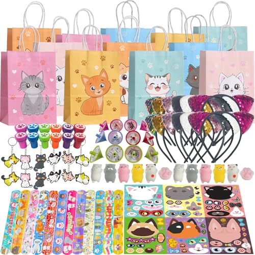 🐱 【Bomboniere per gatti】 Contiene: 12 * sacchetti regalo, 12 * portachiavi, 12 * fascia per capelli, 12 * francobolli giocattolo, 12 * giocattoli modello, 12 * braccialetto con chiusura a scatto, 12 * adesivi, 12 * trottole. Puoi organizzare una grande festa di compleanno per gatti, la bomboniera è sufficiente per intrattenere 12 bambini e regalare ai tuoi bambini e ai loro amici una meravigliosa festa per gatti!