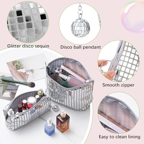 Reginary 2 Pcs Disco Cosmetic Makeup Bags Women Silver Glitter Sequin Mirror Bag Large Travel Handbag with Disco Ball Zipper Storage Makeup Bag for Christmas New Year Bridal Bachelorette Party Gifts4