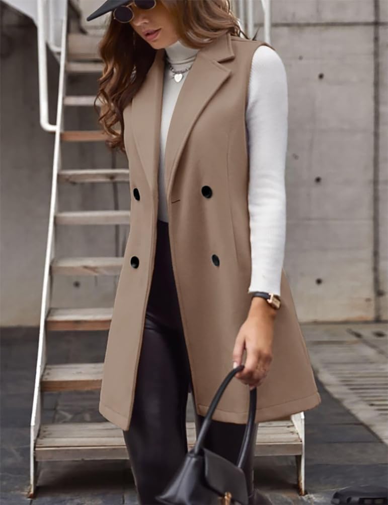 IDEALSANXUN Womens Long Wool Vest Fall Winter Sleeveless Blazer Jackets Double Breasted Trench Coats