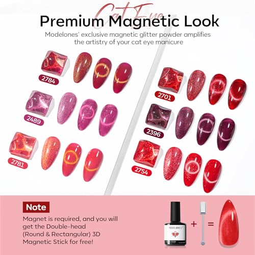 Image of modelones Cat Eye Gel Nail Polish, 6 Colors Red Glitter Burgundy Ruby Sparkle Shimmer Gel Polish Set with Magnet Nail Gel Polish Kit Soak Off Led Nail Art Manicure Salon DIY Gifts