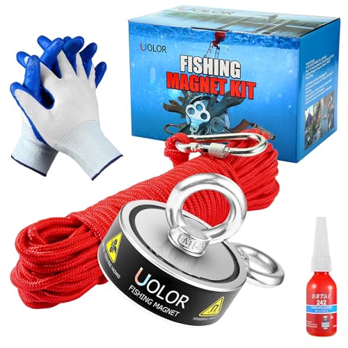 Uolor Aimant de Pêche Double Faces Super Puissant, Combiné 300Kg Extrêmement Traction Kit de Pêche Aimant Néodyme avec 20M Corde, Mousqueton, Gants, Freinfilet pour...