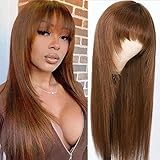Nadula 16 inch Brown Yaki Straight Human Hair Glueless Wigs with Layer Cut Bangs 100% Brazilian Virgin Hair Chocolate Brown Wigs with Bangs for Women-150% Density, Beginner Friendly