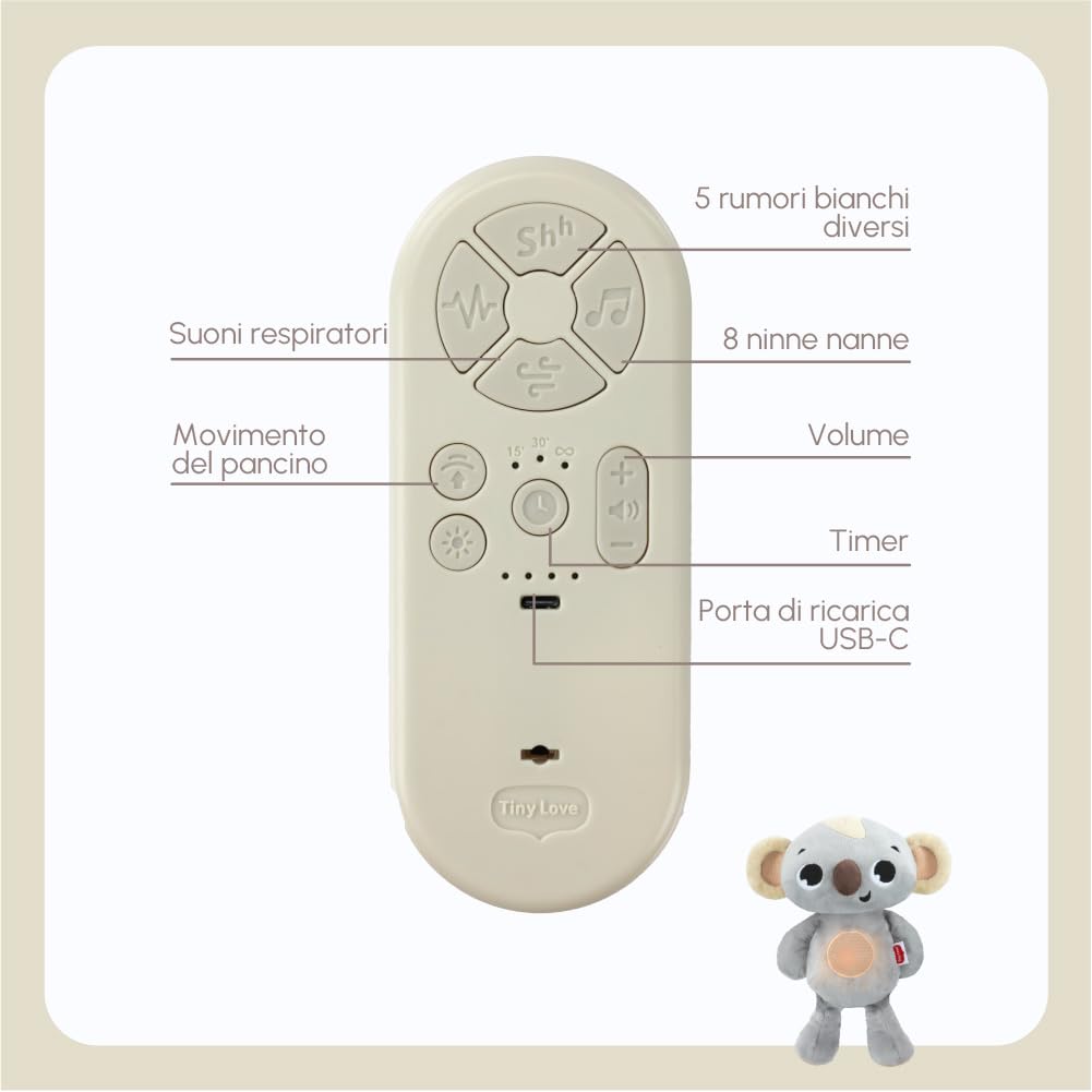 Tiny Love Koala Peluche Che Respira, Peluche Neonato, 0+ Mesi, Giocattolo con Movimento Calmante, Musica, Rumori Bianchi e Luci, Lavabile in Lavatrice, Ricarica USB-C, Collezione Boho Chic