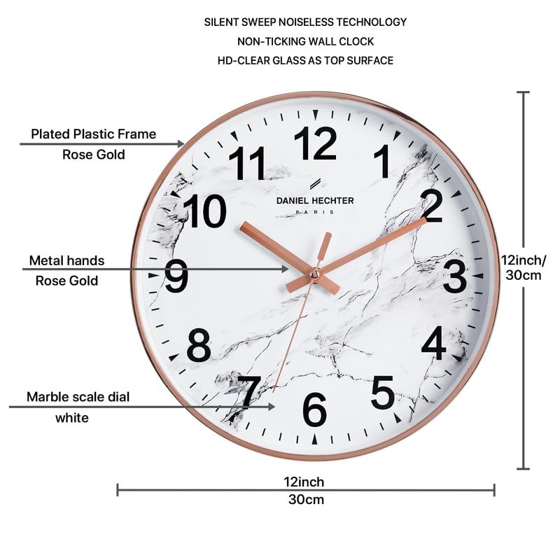 Image of Daniel Hechter Paris Moselle Collection Wall Clock, Silent Sweep Non-Ticking, 12 inch(30cm) HD Glass White Marble Dial, Rose Gold Plastic Frame, Modern Decorative Clock for Home & Office - DHCL1003