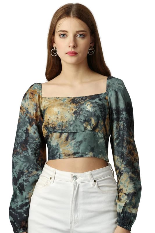 french crown Women's Finlandia Green with Multicolored Printed Viscose Crop Top-picture-49