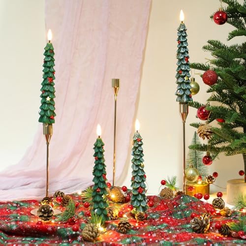 4 Pack Christmas Tree Candles with Remote, 9.8'' Tree Shaped Flameless Taper Candles, LED Window Candle Battery Operated with 3D Wick Flickering, Real Wax Christmas Candlesticks Xmas Holiday Decor