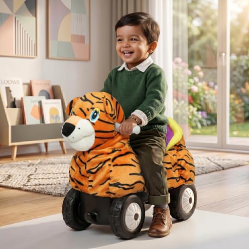Image of Toyzone Little Soft Tiger Ride on | Cloth-Covered Ride On Toy with Wheels | Back Support | Indoor & Outdoor Ride-On for Toddlers 1-4 Years
