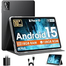 10 Inch Tablet, Android 15 Tablets with case, 18 GB RAM + 128 GB ROMExpand to 1TB, Octa-Core, 1280x800 IPS HD Touchscreen, 5MP+8MP Dual Camera, BT5.0, 6000mAh, Widevine L1