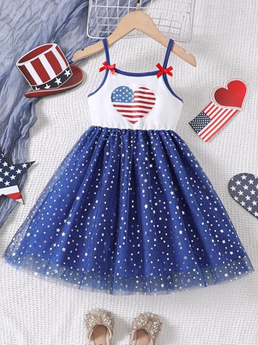 2-7Y Toddler Girls 4th of July Outfits Little Girl Patriotic Clothes Independence Day Kids Stars Red White Blue Dress3