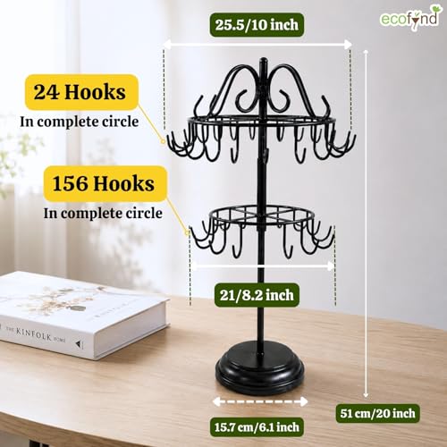 Image of ecofynd 2-Tier Metal Jewelry Organizer Stand with 40 Hooks, 360 Rotating 20-Inch Holder for Earrings, Necklaces, Bracelets & Rings, Space-Saving Display for Vanity & Dressing Table (Black, JS013)