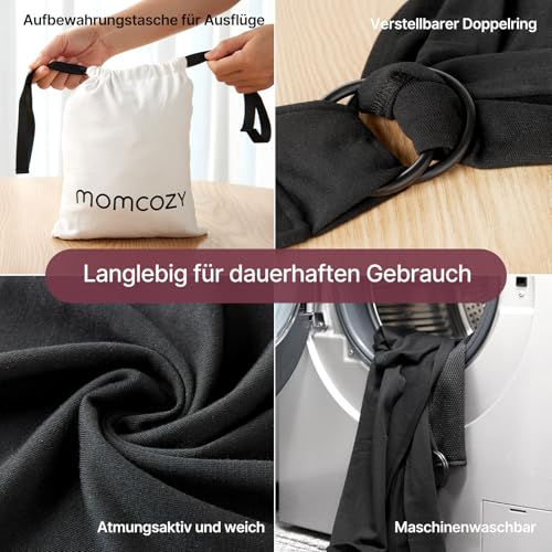 Momcozy Elastisches Tragetuch Baby Neugeborene ab Geburt | Ring Sling Babytragetuch für 3.6-15 kg | Atmungsaktiv & Ergonomisch | OEKO-TEX 100 Zertifiziert,Schwarz