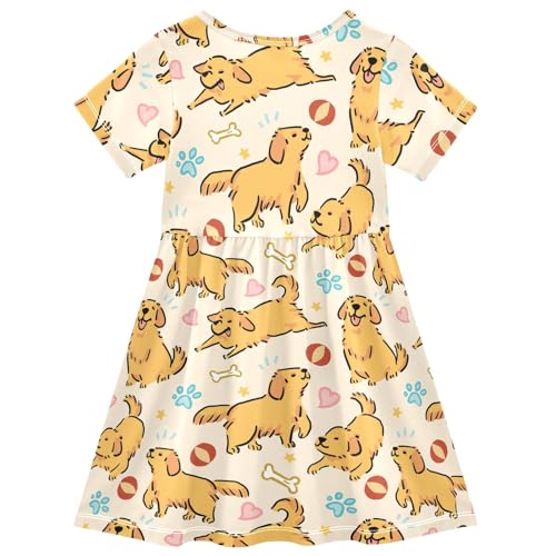 Cute Golden Retriever Yellow Pattern Summer Girls Short Sleeve Dress Casual Dresses Beach Sundress for 2-8 Years2