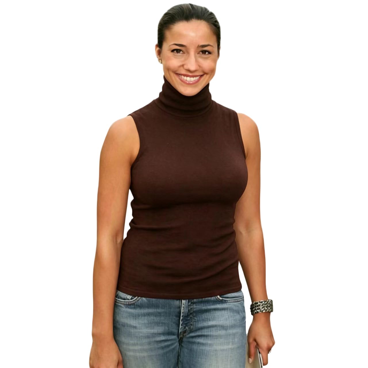 Sunfaynis Women's Brown Soft Cotton Mock Turtleneck Shirt Baselayer Tops Underwear Shirt, Medium
