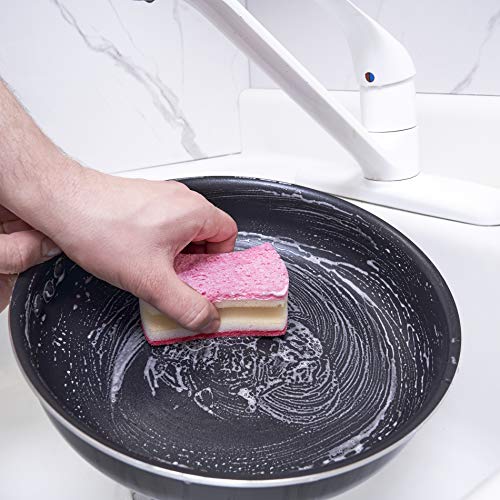 Image of Non-Scratch Scrub Sponge with A Comfortable Grip, Heavy Duty Duel Sided Kitchen Scrubber Sponge Cellulose Scrub Sponge, Scratch Free, with Scouring Pad Set, 1 Sponge,Red /Pink
