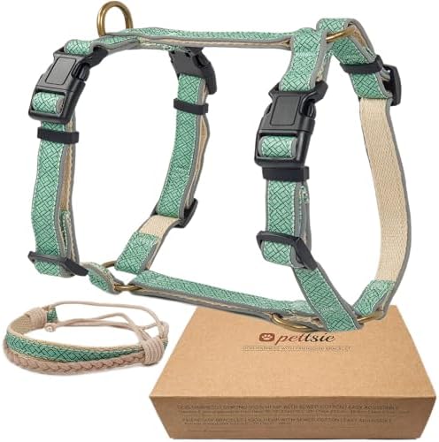 Pettsie No-Pull Dog Harness Reflective, 4 Adjustable Straps, Easy Control with 2 Leash Clips for Walking or Training, Matching Friendship Bracelet, Soft and Durable Hemp for Sensitive Skin, Carton Box